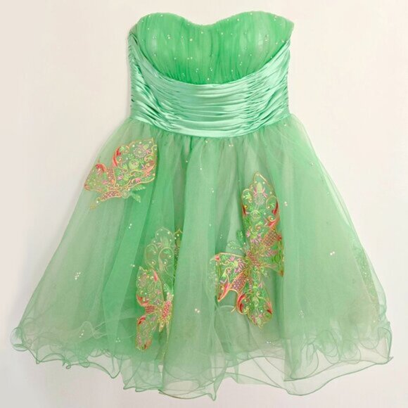 RARE Sherri Hill Green Butterfly Crystal Strapless Tulle Mini Gown Dress b56E - Picture 3 of 11